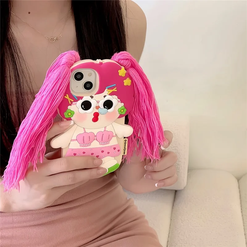 For iPhone 15 Silicone Case Cute Twin Braids Girl Design Shockproof Phone Back Cover