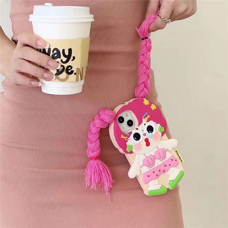 For iPhone 15 Silicone Case Cute Twin Braids Girl Design Shockproof Phone Back Cover