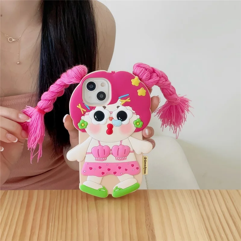 For iPhone 15 Silicone Case Cute Twin Braids Girl Design Shockproof Phone Back Cover