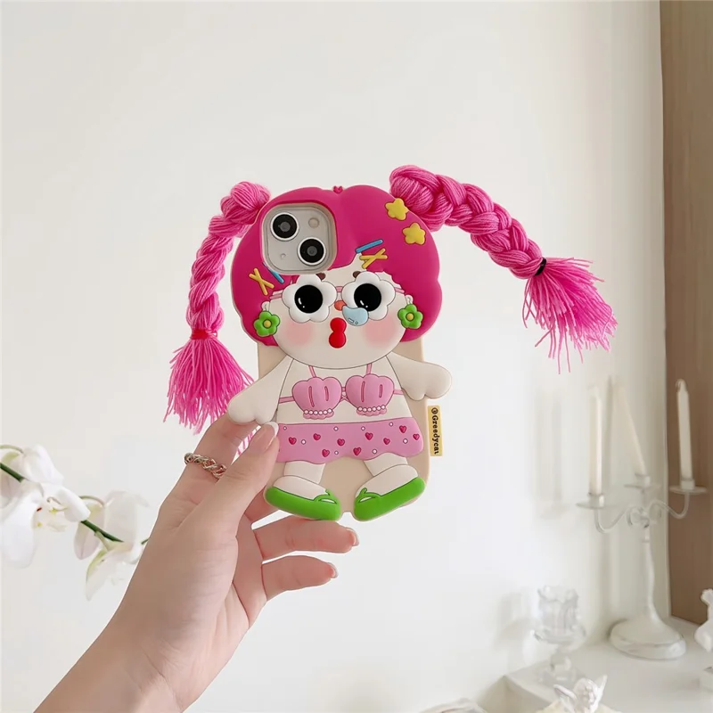 For iPhone 15 Silicone Case Cute Twin Braids Girl Design Shockproof Phone Back Cover