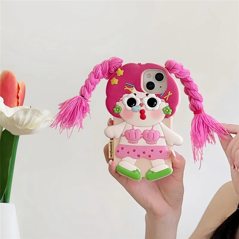 For iPhone 15 Silicone Case Cute Twin Braids Girl Design Shockproof Phone Back Cover