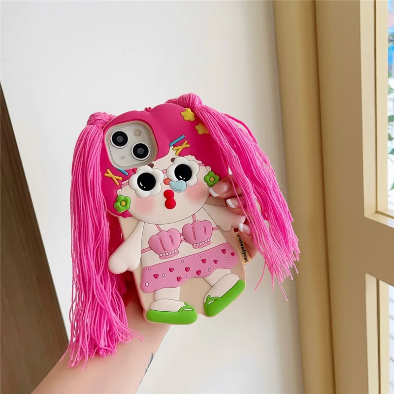 For iPhone 15 Silicone Case Cute Twin Braids Girl Design Shockproof Phone Back Cover