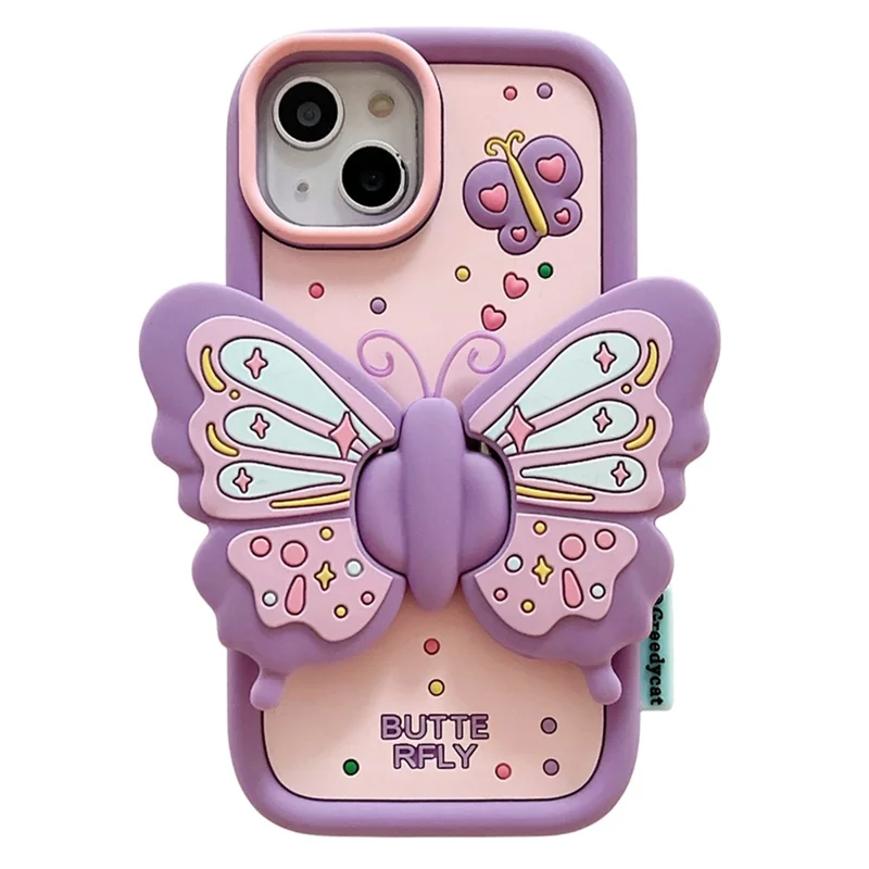 For iPhone 15 Silicone Case Cute Butterfly Kickstand Design Shockproof Phone Back Cover - Purple