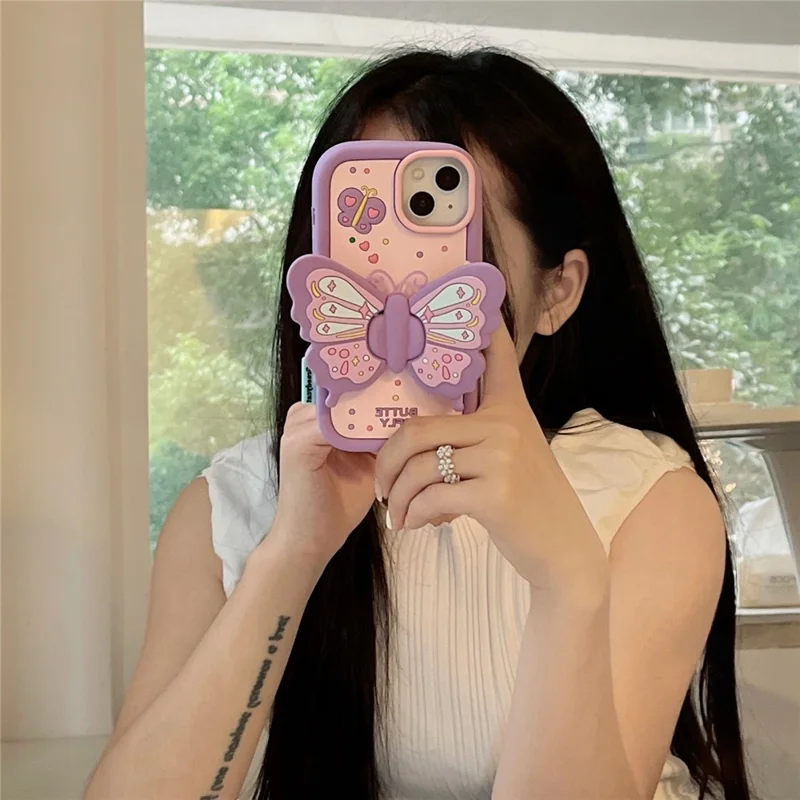 For iPhone 15 Silicone Case Cute Butterfly Kickstand Design Shockproof Phone Back Cover - Purple