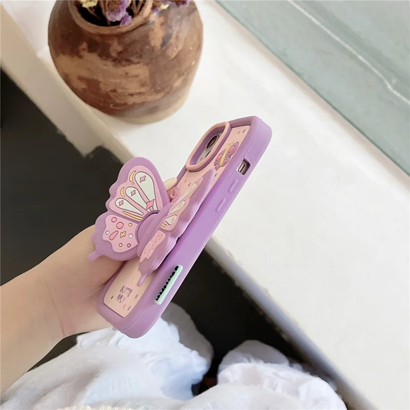 For iPhone 15 Silicone Case Cute Butterfly Kickstand Design Shockproof Phone Back Cover - Purple