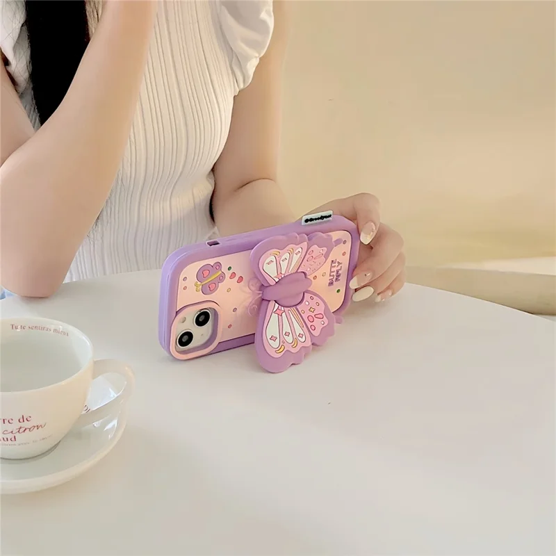 For iPhone 15 Silicone Case Cute Butterfly Kickstand Design Shockproof Phone Back Cover - Purple
