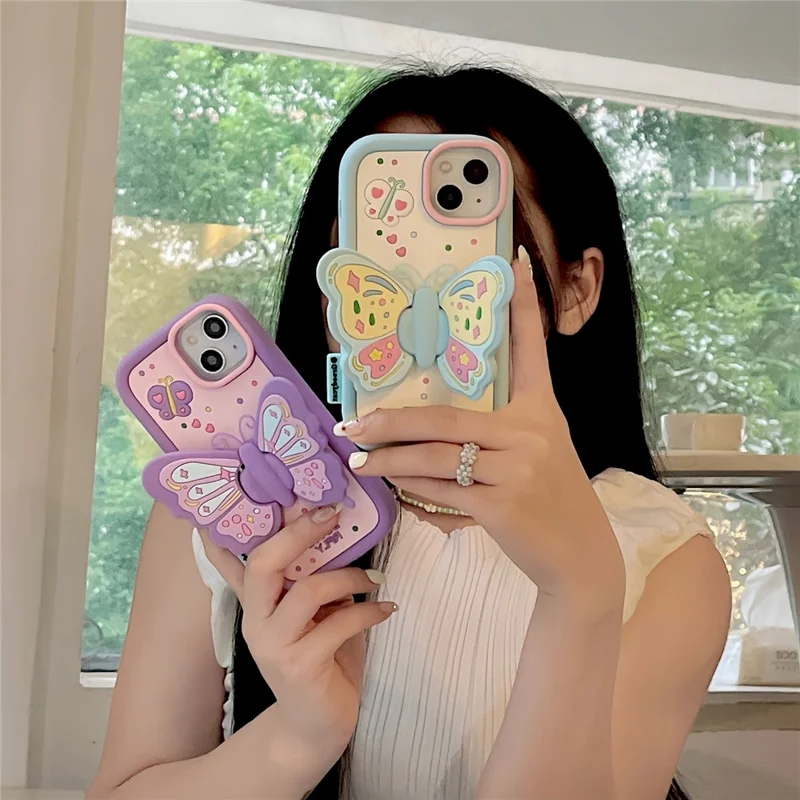 For iPhone 15 Silicone Case Cute Butterfly Kickstand Design Shockproof Phone Back Cover - Purple