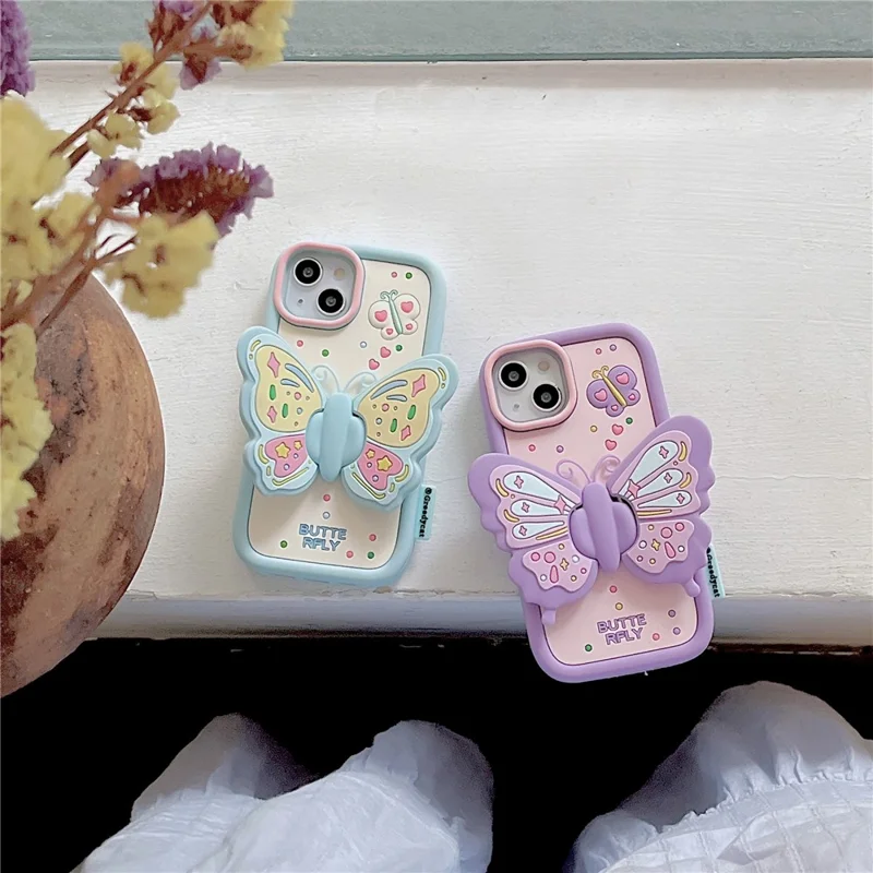 For iPhone 15 Silicone Case Cute Butterfly Kickstand Design Shockproof Phone Back Cover - Purple