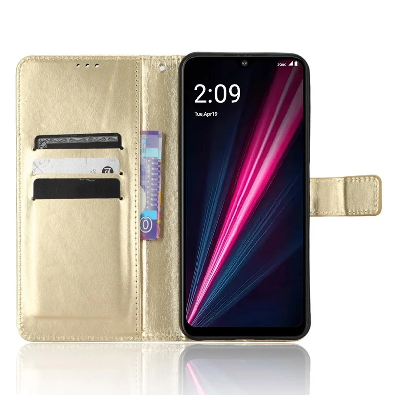 For T-Mobile REVVL 6 Pro 5G 5G / Telekom T Phone Pro 5G / T-Mobile T Phone Pro 5G Crazy Horse Texture PU Leather Shockproof Cover Foldable Stand Wallet Case - Gold