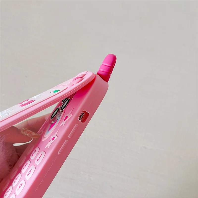 For iPhone 16 Pro Max Silicone Case Cute Pink Design Phone Back Cover with Lens Cover Kickstand Mirror