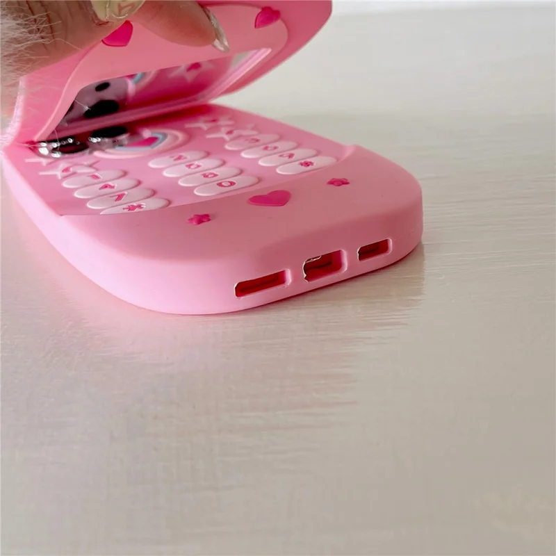 For iPhone 16 Pro Max Silicone Case Cute Pink Design Phone Back Cover with Lens Cover Kickstand Mirror