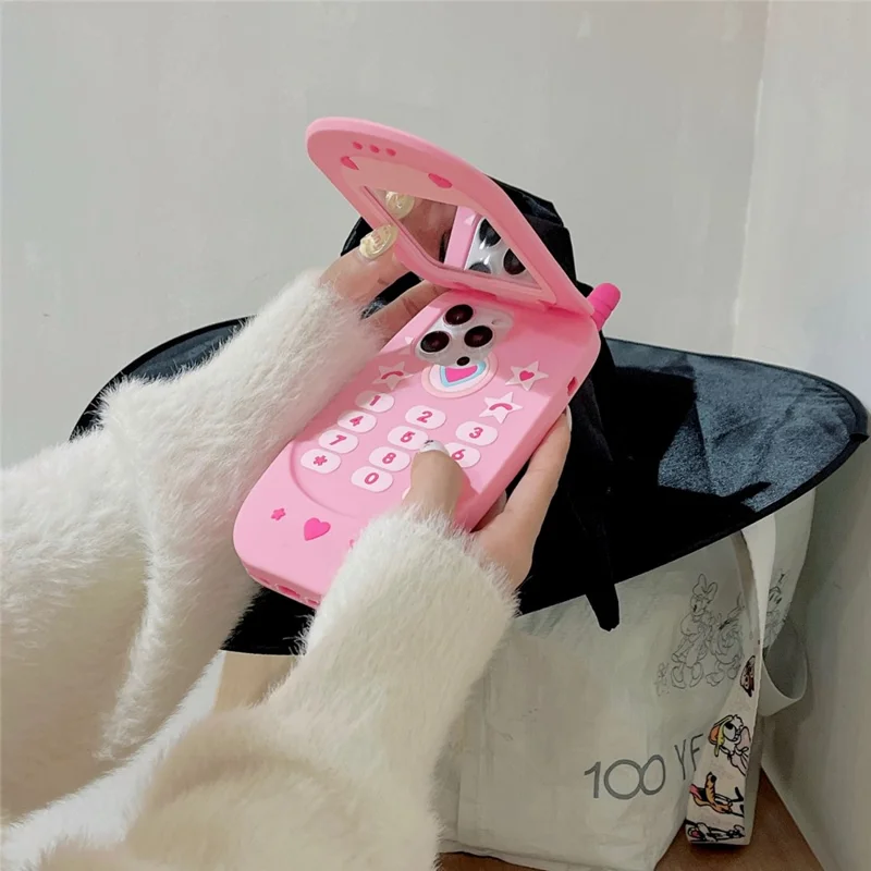 For iPhone 16 Pro Max Silicone Case Cute Pink Design Phone Back Cover with Lens Cover Kickstand Mirror