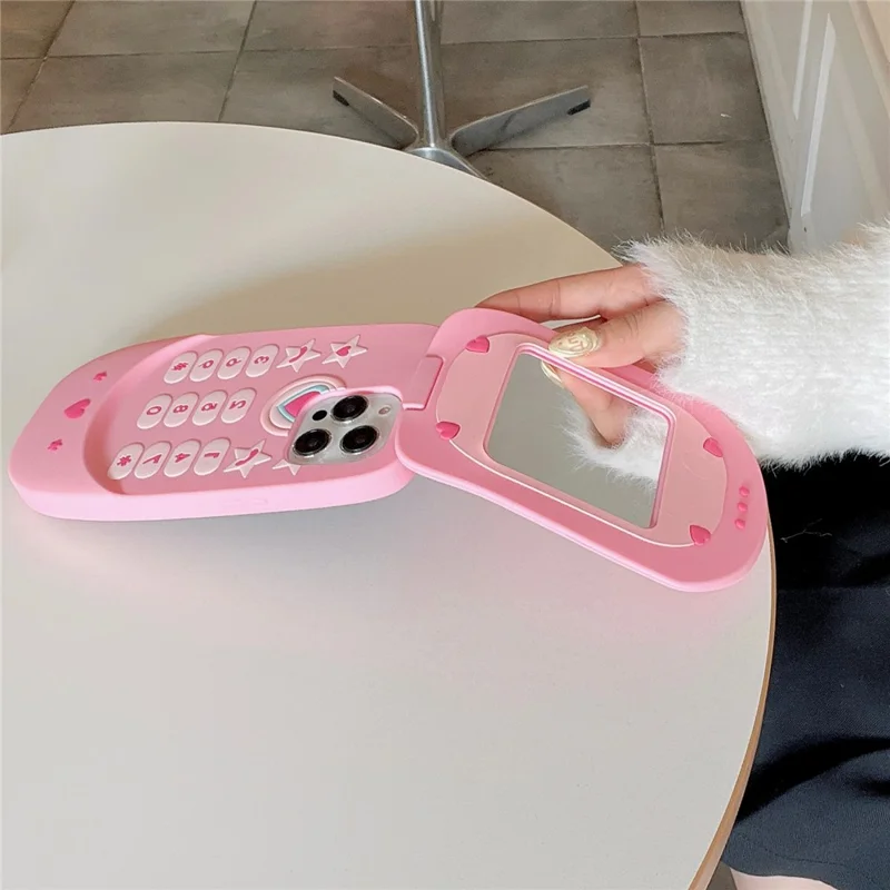 For iPhone 16 Pro Max Silicone Case Cute Pink Design Phone Back Cover with Lens Cover Kickstand Mirror