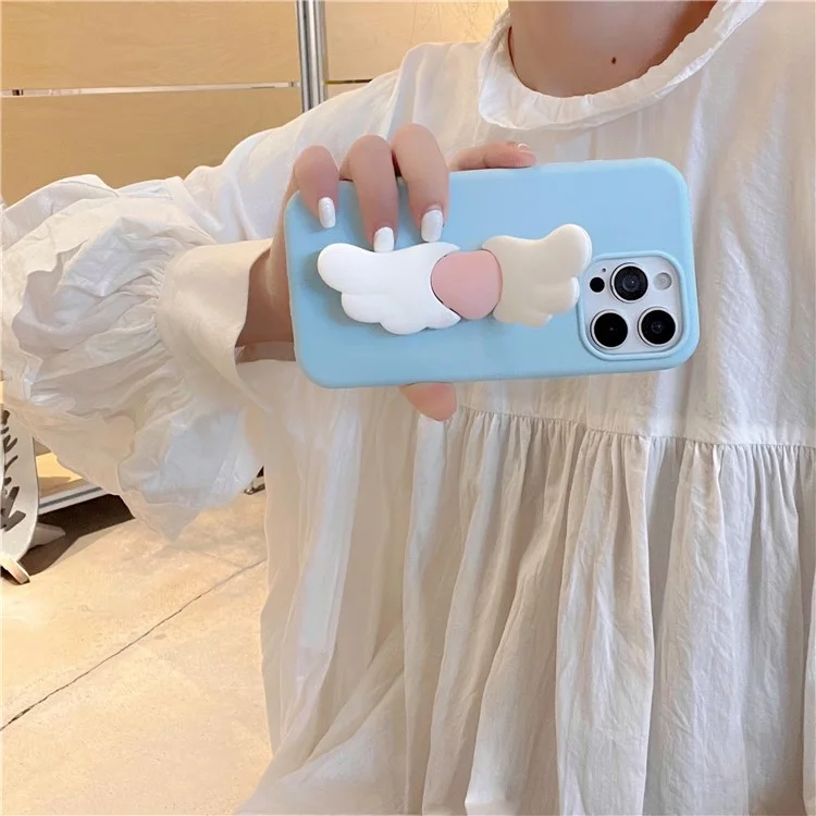 For iPhone 16 Pro Max Silicone Case Cute Wing Kickstand Design Shockproof Phone Back Cover