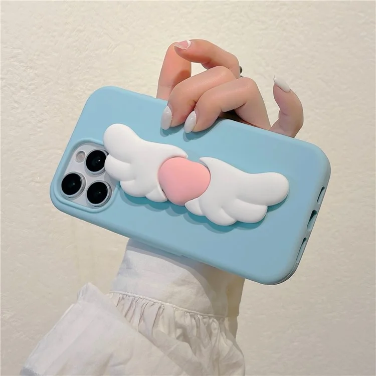 For iPhone 16 Pro Max Silicone Case Cute Wing Kickstand Design Shockproof Phone Back Cover