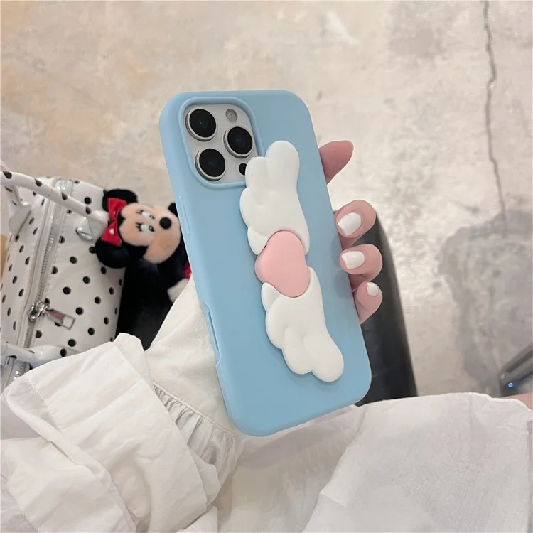 For iPhone 16 Pro Max Silicone Case Cute Wing Kickstand Design Shockproof Phone Back Cover