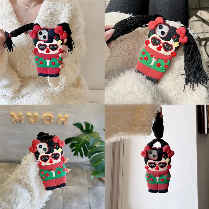 For iPhone 15 Silicone Case Cute Northeast Girl Design Shockproof Phone Back Cover