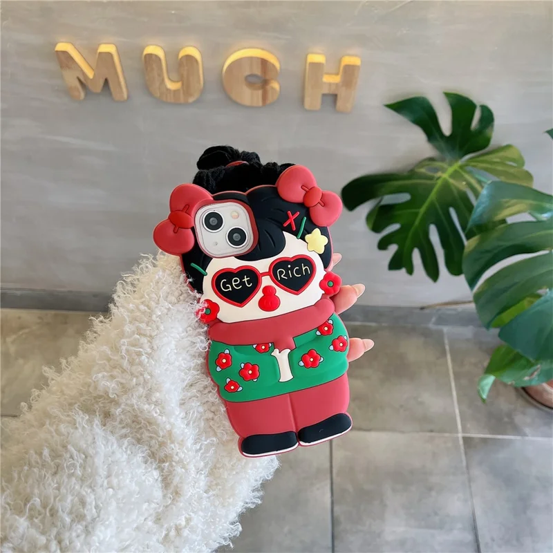 For iPhone 15 Silicone Case Cute Northeast Girl Design Shockproof Phone Back Cover