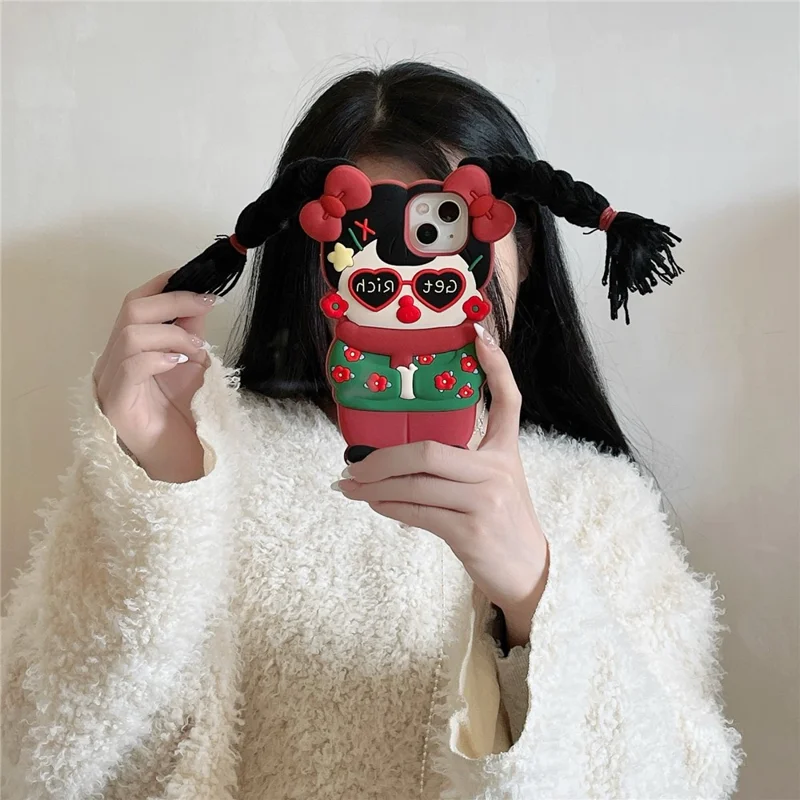 For iPhone 15 Silicone Case Cute Northeast Girl Design Shockproof Phone Back Cover