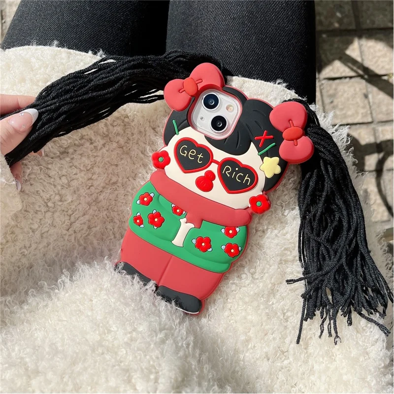 For iPhone 15 Silicone Case Cute Northeast Girl Design Shockproof Phone Back Cover