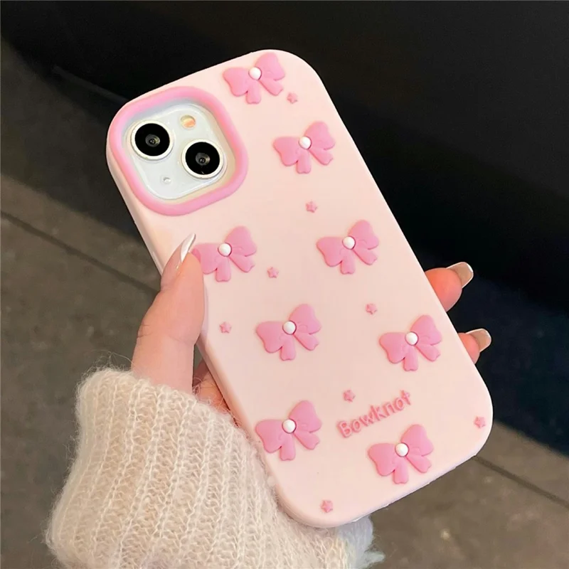 For iPhone 15 Silicone Case Cute Pearl Bow Design Shockproof Phone Back Cover