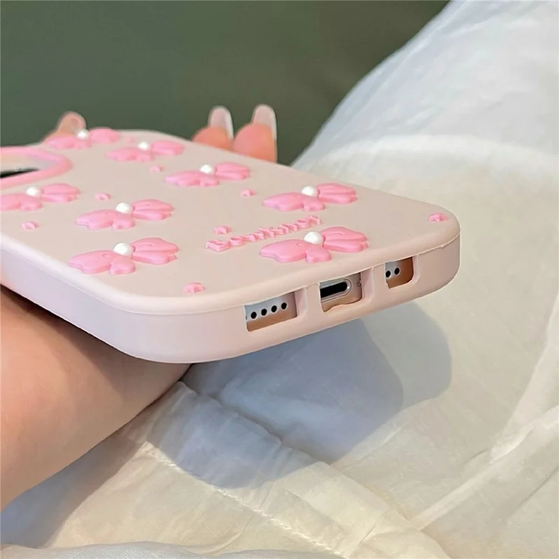 For iPhone 15 Silicone Case Cute Pearl Bow Design Shockproof Phone Back Cover