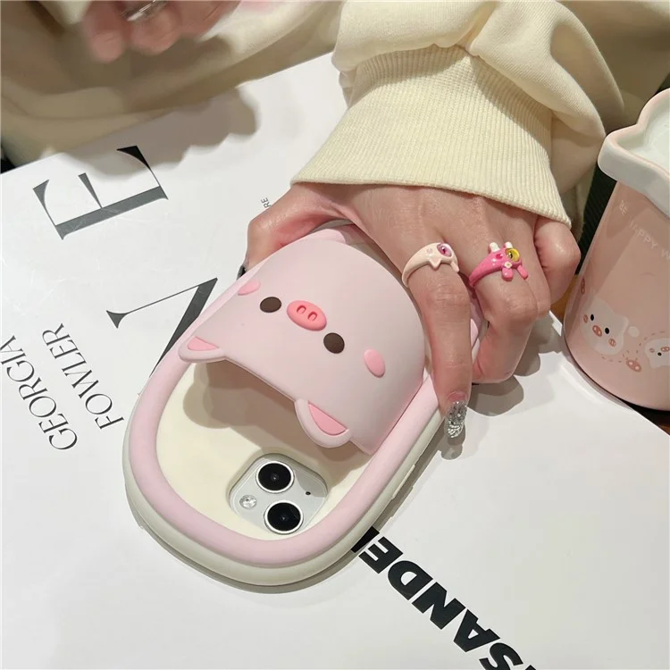For iPhone 15 Silicone Case Cute Pig Slipper Design Shockproof Phone Back Cover