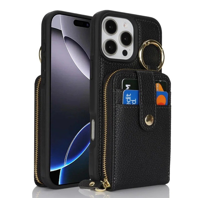 Étui pour iPhone 15 Pro Max avec pochette zippée / Support anneau / Sangle Texture de litchi PU + Housse de téléphone TPU - Noir