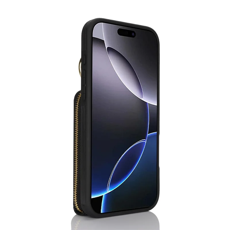 Étui pour iPhone 15 Pro Max avec pochette zippée / Support anneau / Sangle Texture de litchi PU + Housse de téléphone TPU - Noir