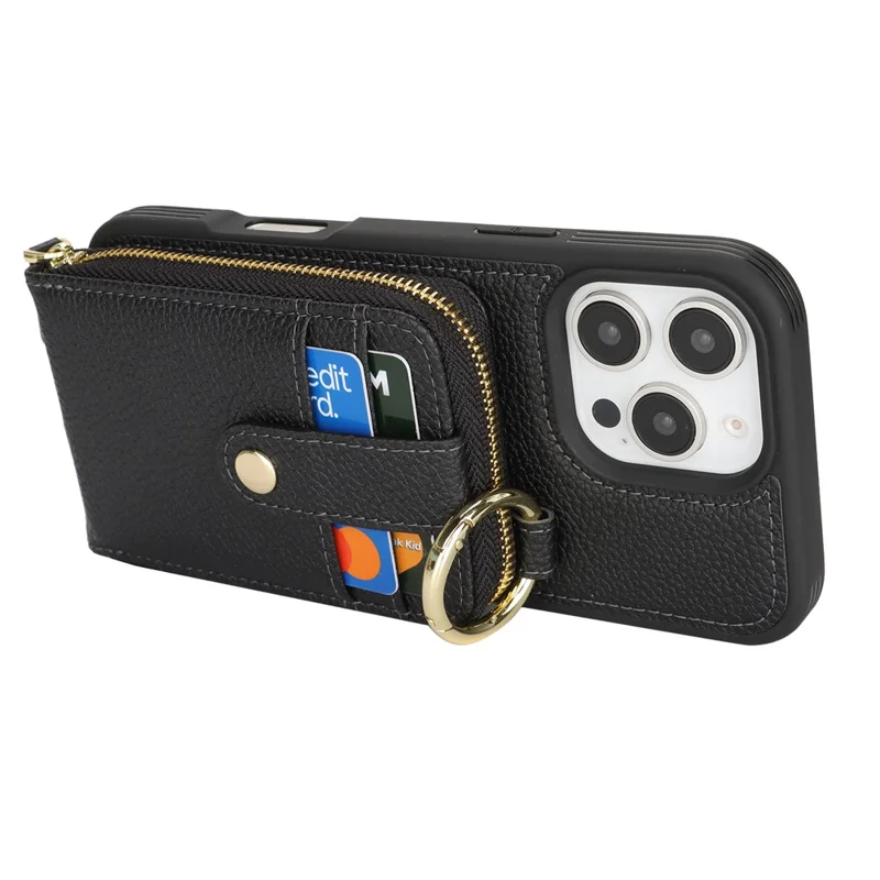 Étui pour iPhone 15 Pro Max avec pochette zippée / Support anneau / Sangle Texture de litchi PU + Housse de téléphone TPU - Noir