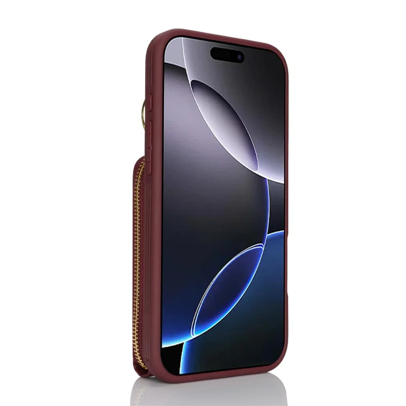 For iPhone 15 Pro Max Case with Zipper Pouch  /  Ring Kickstand  /  Strap Litchi Texture PU + TPU Phone Cover - Wine Red