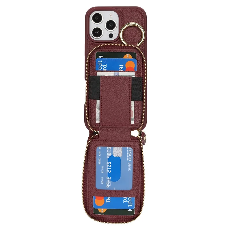 For iPhone 15 Pro Max Case with Zipper Pouch  /  Ring Kickstand  /  Strap Litchi Texture PU + TPU Phone Cover - Wine Red