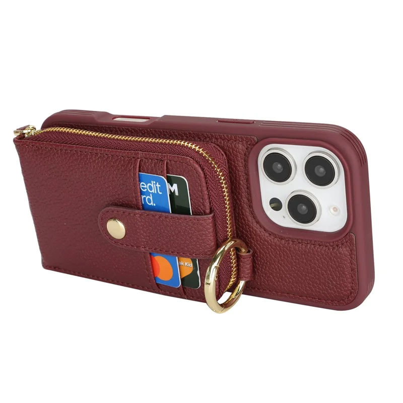 For iPhone 15 Pro Max Case with Zipper Pouch  /  Ring Kickstand  /  Strap Litchi Texture PU + TPU Phone Cover - Wine Red
