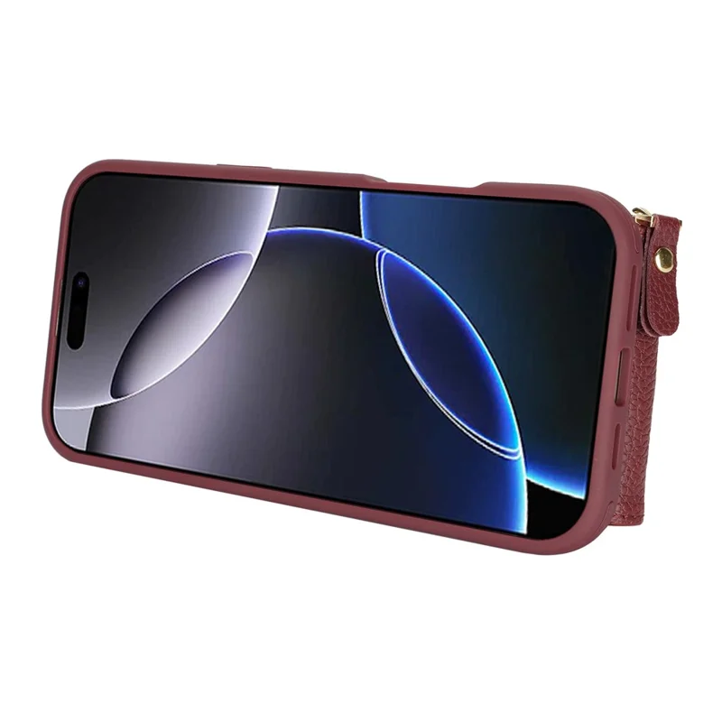 For iPhone 15 Pro Max Case with Zipper Pouch  /  Ring Kickstand  /  Strap Litchi Texture PU + TPU Phone Cover - Wine Red