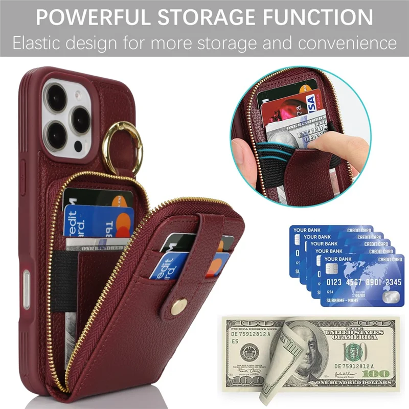 For iPhone 15 Pro Max Case with Zipper Pouch  /  Ring Kickstand  /  Strap Litchi Texture PU + TPU Phone Cover - Wine Red