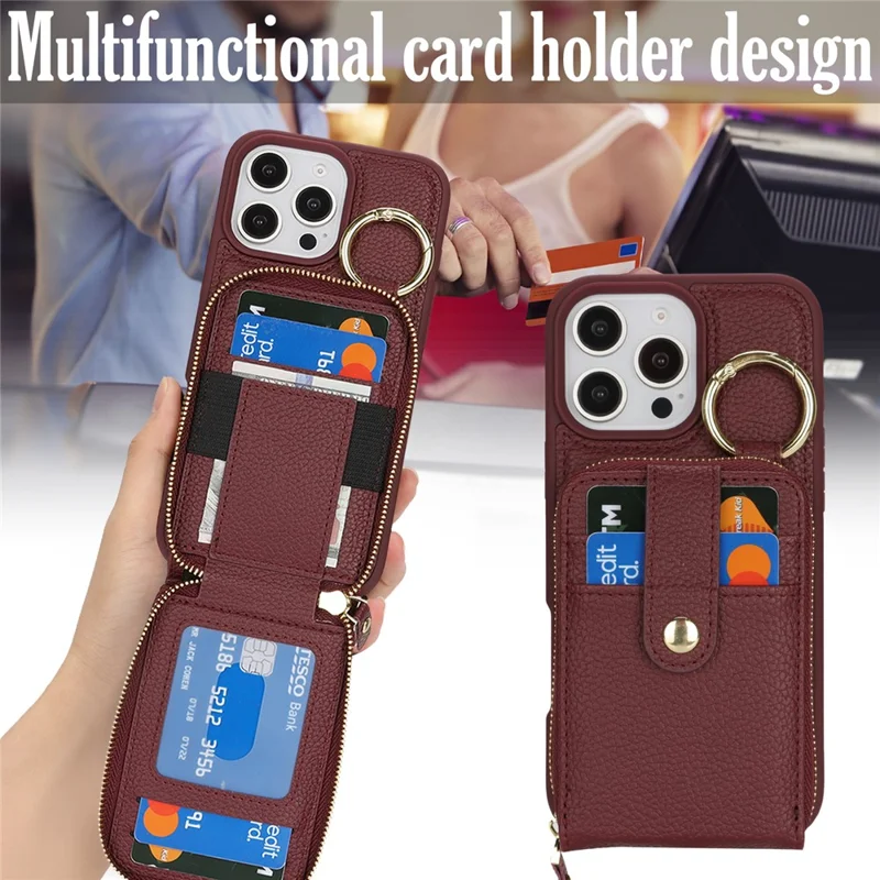 For iPhone 15 Pro Max Case with Zipper Pouch  /  Ring Kickstand  /  Strap Litchi Texture PU + TPU Phone Cover - Wine Red