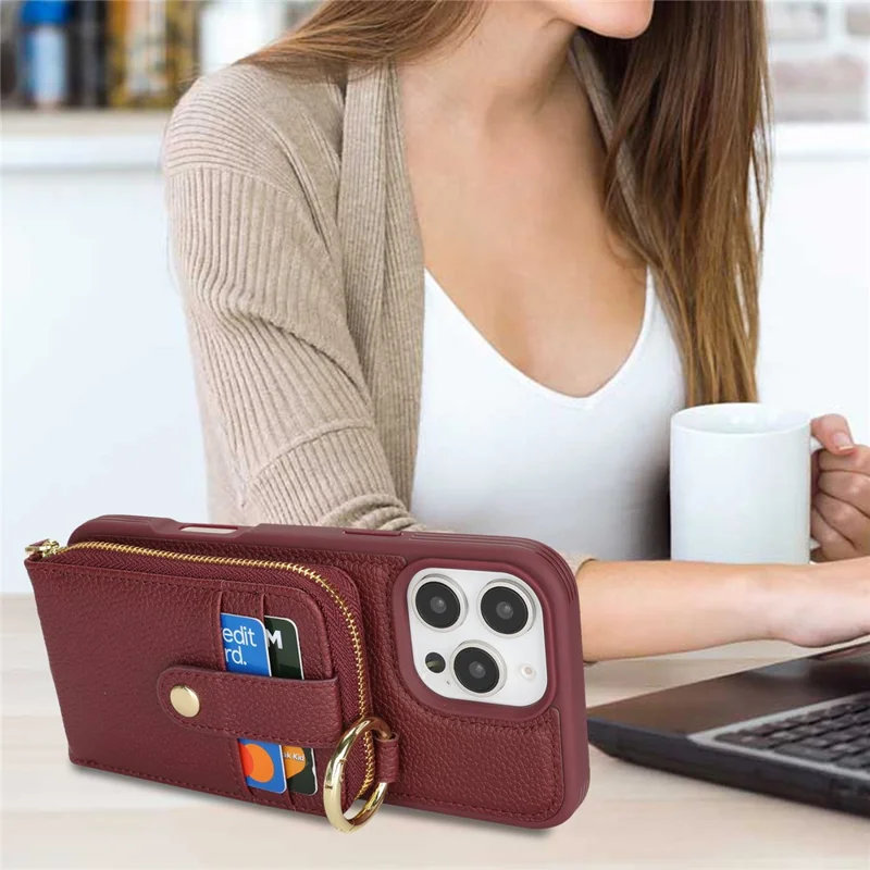 For iPhone 15 Pro Max Case with Zipper Pouch  /  Ring Kickstand  /  Strap Litchi Texture PU + TPU Phone Cover - Wine Red