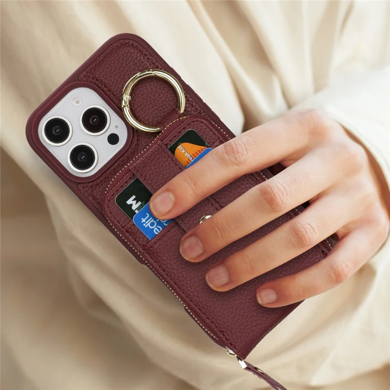 For iPhone 15 Pro Max Case with Zipper Pouch  /  Ring Kickstand  /  Strap Litchi Texture PU + TPU Phone Cover - Wine Red