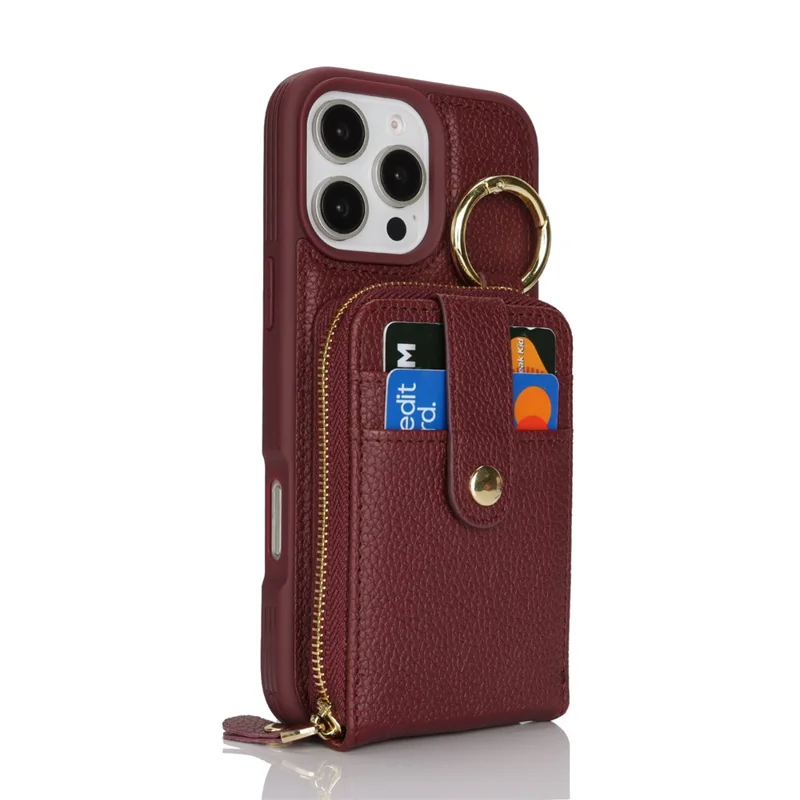 For iPhone 15 Pro Max Case with Zipper Pouch  /  Ring Kickstand  /  Strap Litchi Texture PU + TPU Phone Cover - Wine Red