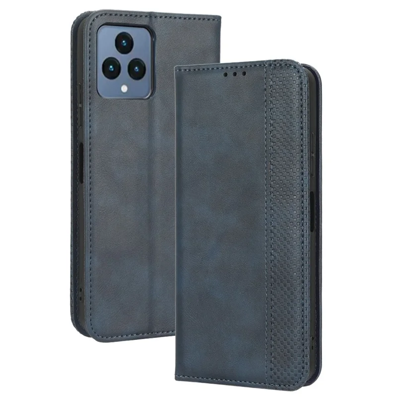 For T-Mobile REVVL 6 5G / Telekom T Phone 5G / T-Mobile T Phone 5G PU Leather Wallet Stand Folio Case Retro Texture Imprinted Pattern Magnetic Absorption Phone Cover - Blue