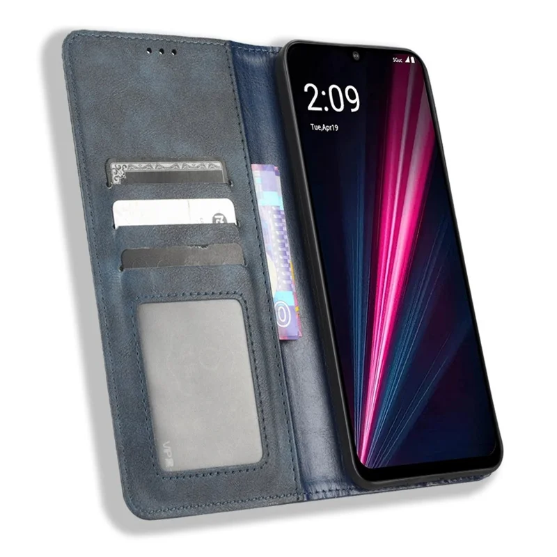 For T-Mobile REVVL 6 5G / Telekom T Phone 5G / T-Mobile T Phone 5G PU Leather Wallet Stand Folio Case Retro Texture Imprinted Pattern Magnetic Absorption Phone Cover - Blue