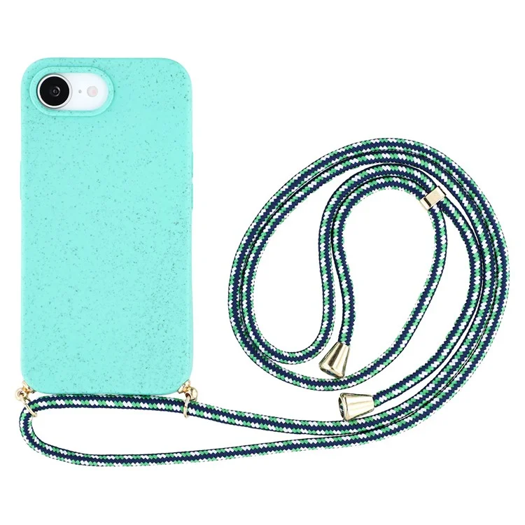 Bulk Purchasing For iPhone 16e Eco Friendly Case with Lanyard Compostable Wheat Straw+TPU Phone Cover - Sky Blue