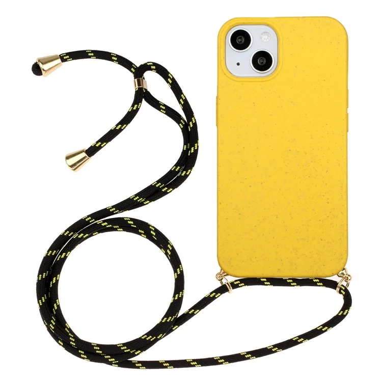 Bulk Purchasing For iPhone 15 Eco Friendly Case with Lanyard Compostable Wheat Straw+TPU Phone Cover - Yellow