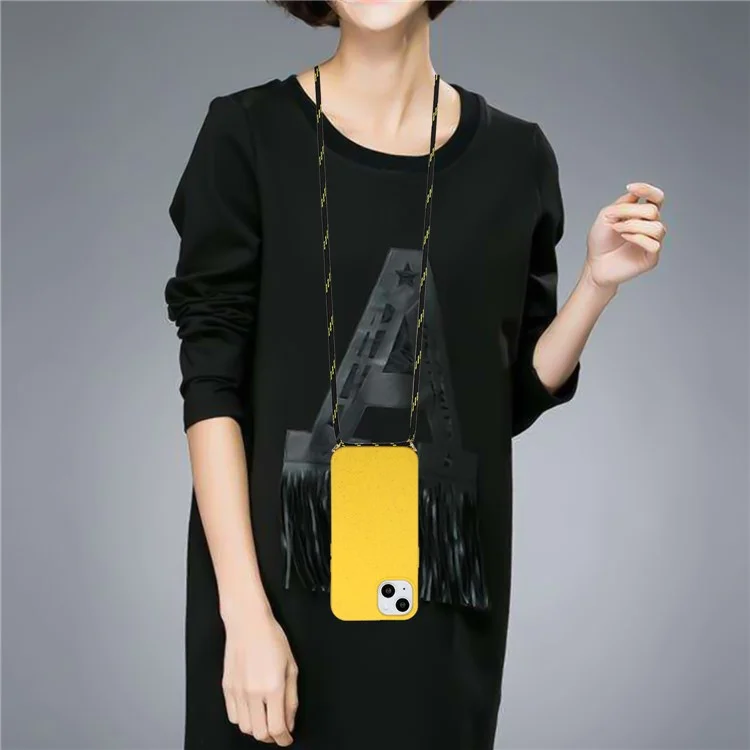 Bulk Purchasing For iPhone 15 Eco Friendly Case with Lanyard Compostable Wheat Straw+TPU Phone Cover - Yellow