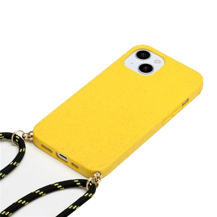Bulk Purchasing For iPhone 15 Eco Friendly Case with Lanyard Compostable Wheat Straw+TPU Phone Cover - Yellow