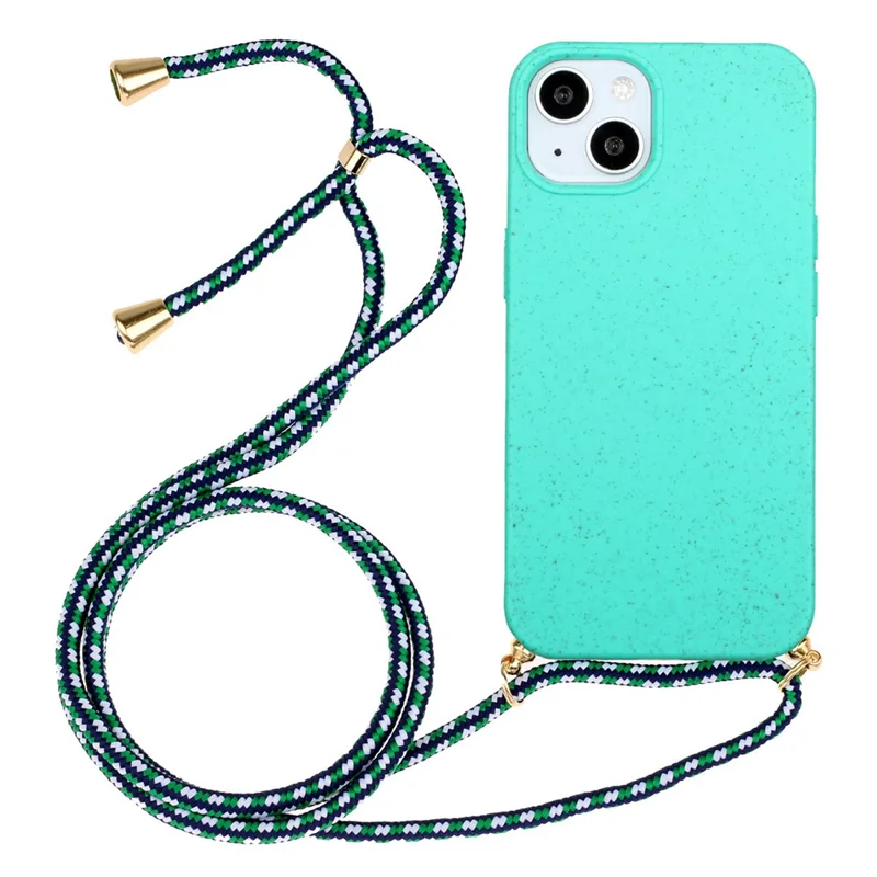 Bulk Purchasing For iPhone 15 Plus Eco Friendly Case with Lanyard Compostable Wheat Straw+TPU Phone Cover - Sky Blue
