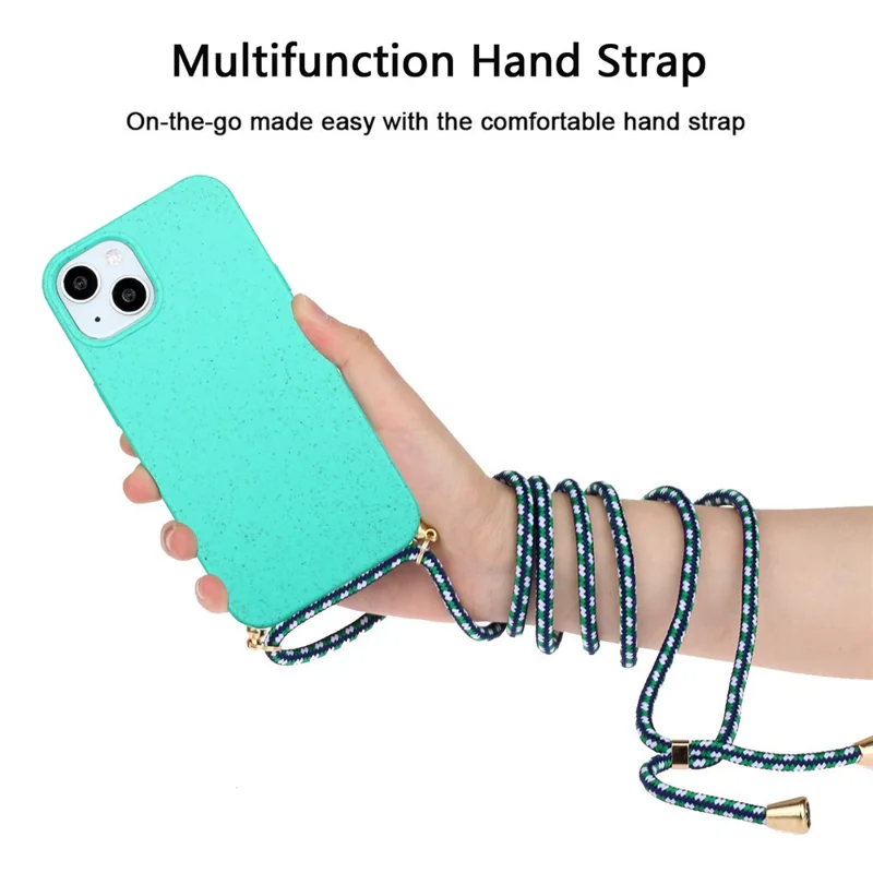 Bulk Purchasing For iPhone 15 Plus Eco Friendly Case with Lanyard Compostable Wheat Straw+TPU Phone Cover - Sky Blue