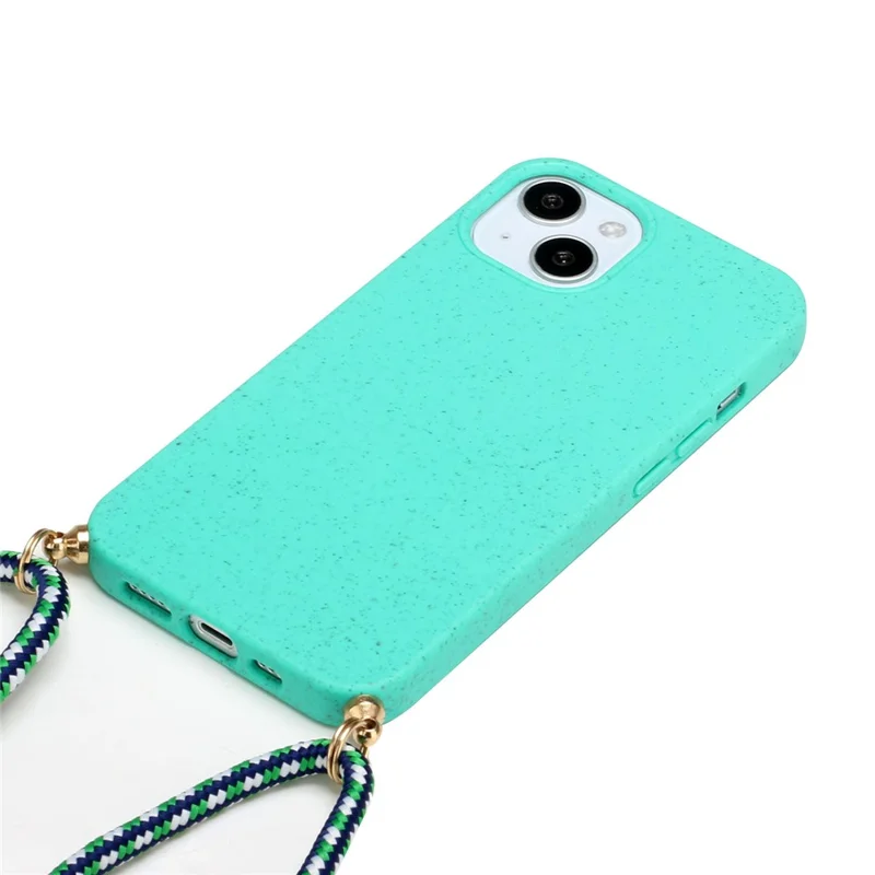 Bulk Purchasing For iPhone 15 Plus Eco Friendly Case with Lanyard Compostable Wheat Straw+TPU Phone Cover - Sky Blue