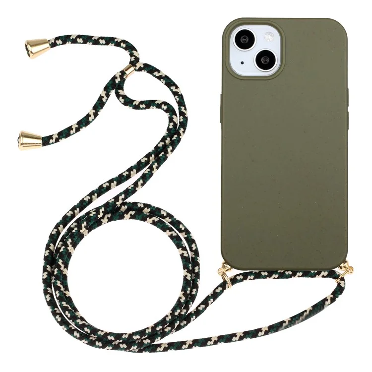 Bulk Purchasing For iPhone 14 Plus Eco Friendly Case with Lanyard Compostable Wheat Straw+TPU Phone Cover - Army Green