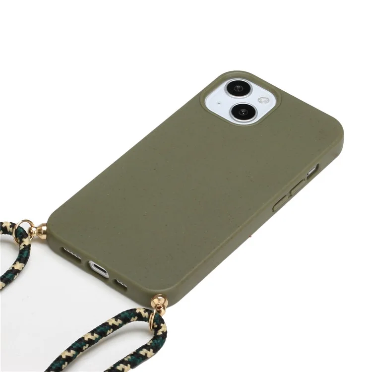 Bulk Purchasing For iPhone 14 Plus Eco Friendly Case with Lanyard Compostable Wheat Straw+TPU Phone Cover - Army Green